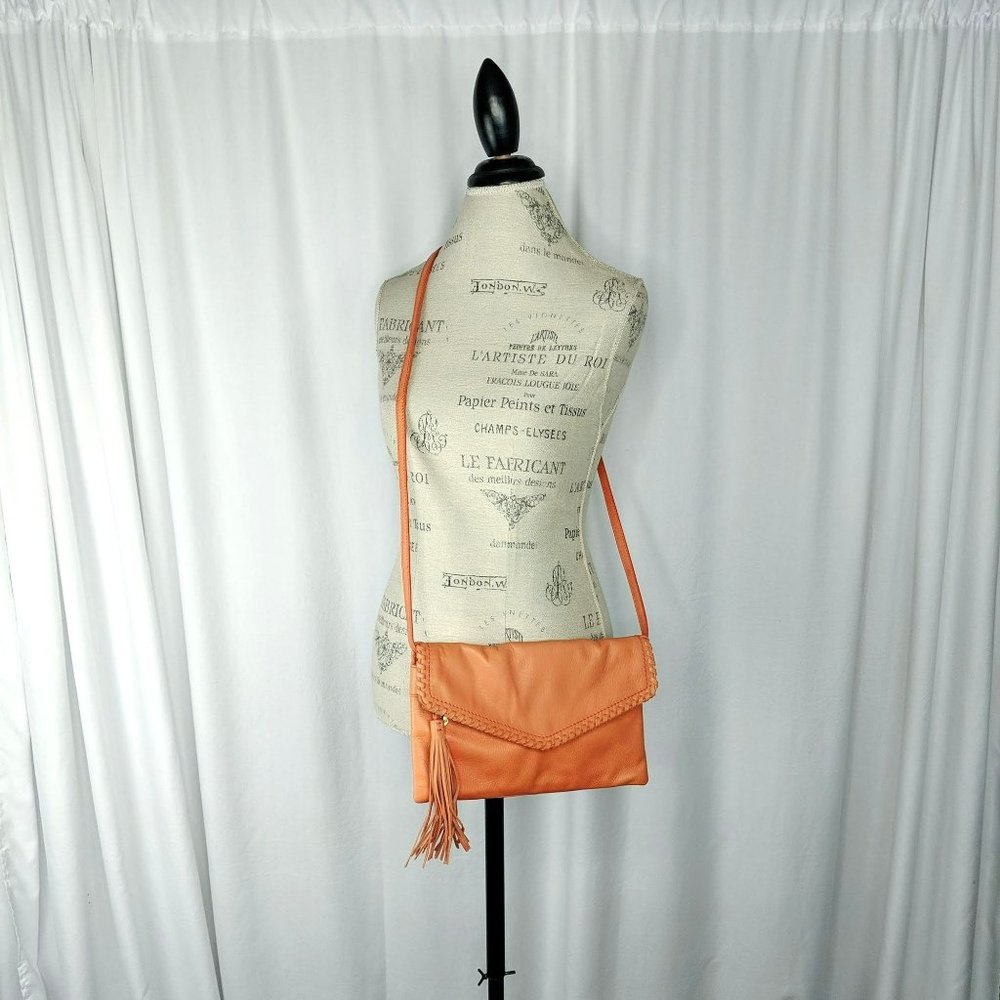 Hobo Orange Leather Envelope Crossbody Clutch Bag Purse Tassel